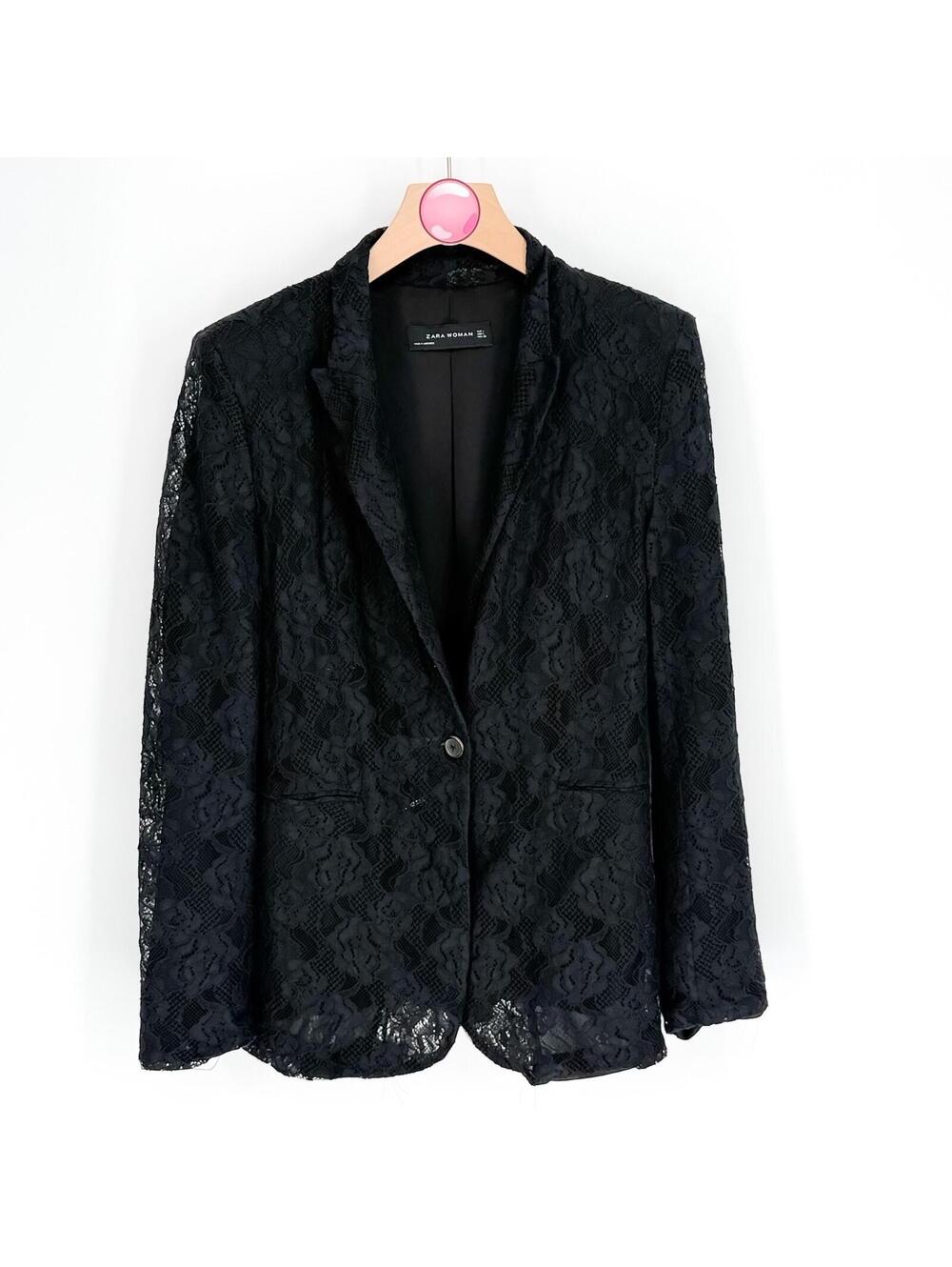Zara Black Sheer Classy Lace Should Pads Tailored‎ Button Blazer Women's Size L